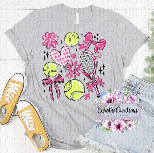 Gray t-shirt with tennis-themed design, yellow sneakers, and denim shorts on a light wooden surface.