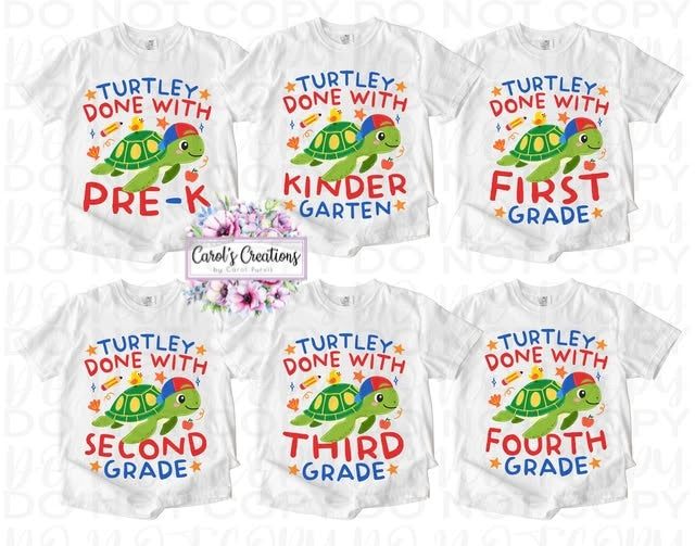 Set of six white t-shirts with turtle graphics and text for pre-K to fourth grade on a white background.