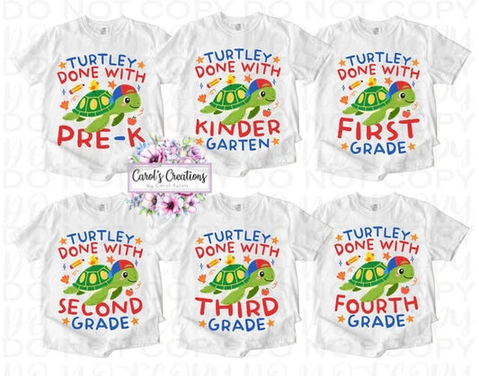Set of six white t-shirts with turtle graphics and text for pre-K to fourth grade on a white background.