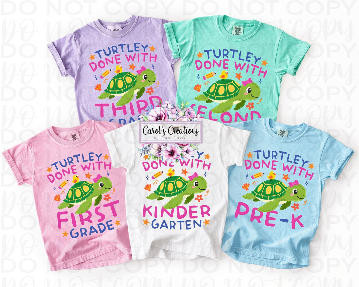 Set of children's t-shirts with turtle graphics and text on a white background