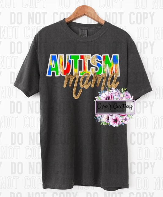 Black t-shirt with 'Autism Mama' text and floral design on a white background
