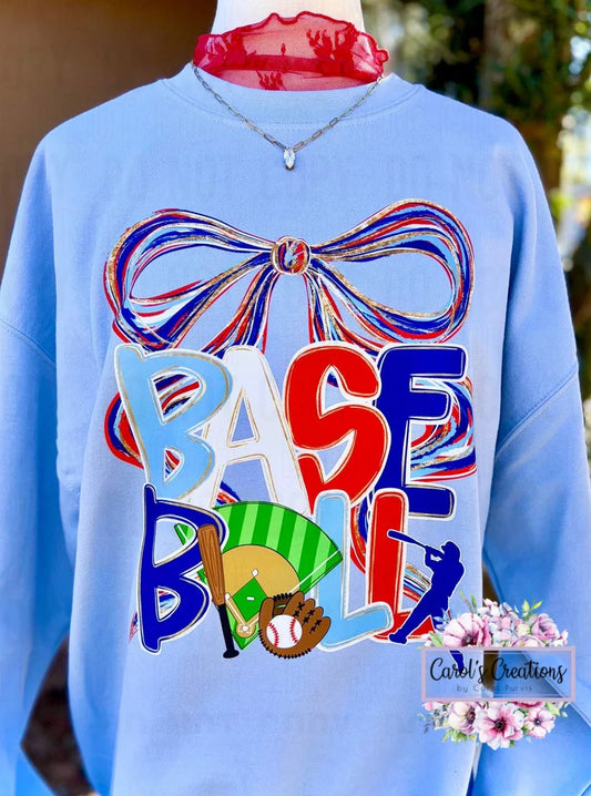 Light blue sweatshirt with colorful 'Baseball' design on a mannequin.