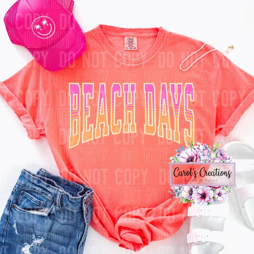 Coral t-shirt with 'BEACH DAYS' text, pink cap, and blue jeans on a white background.
