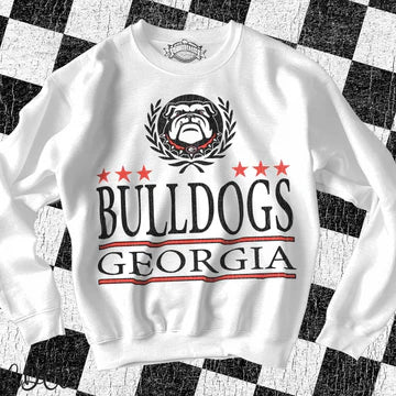 White sweatshirt with 'Bulldogs Georgia' text and logo on a checkered background