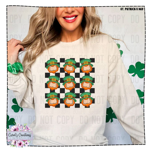 Person wearing a white sweater with a St. Patrick's Day design, featuring green hats and orange pots on a black and white checkered background.