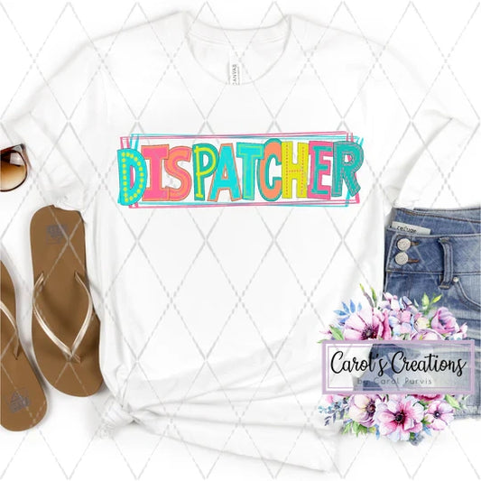 White t-shirt with 'DISPATCHER' in colorful letters, paired with flip-flops and jeans on a white background.