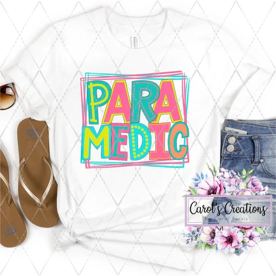 White t-shirt with 'PARAMEDIC' design, flip-flops, jeans, and floral elements on a white background.