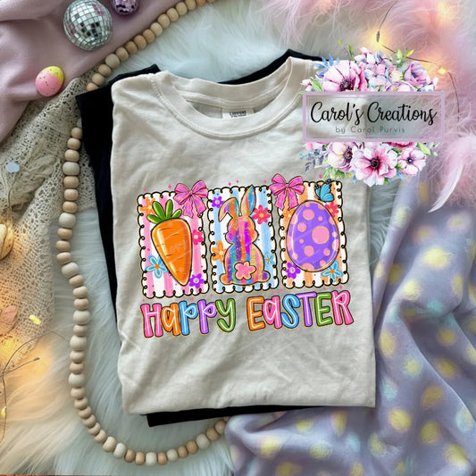 Folded t-shirt with Easter design and 'Happy Easter' text on a decorative background.