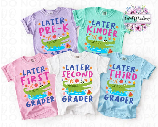 Set of children's t-shirts with educational-themed designs and crocodile illustrations on a white background.