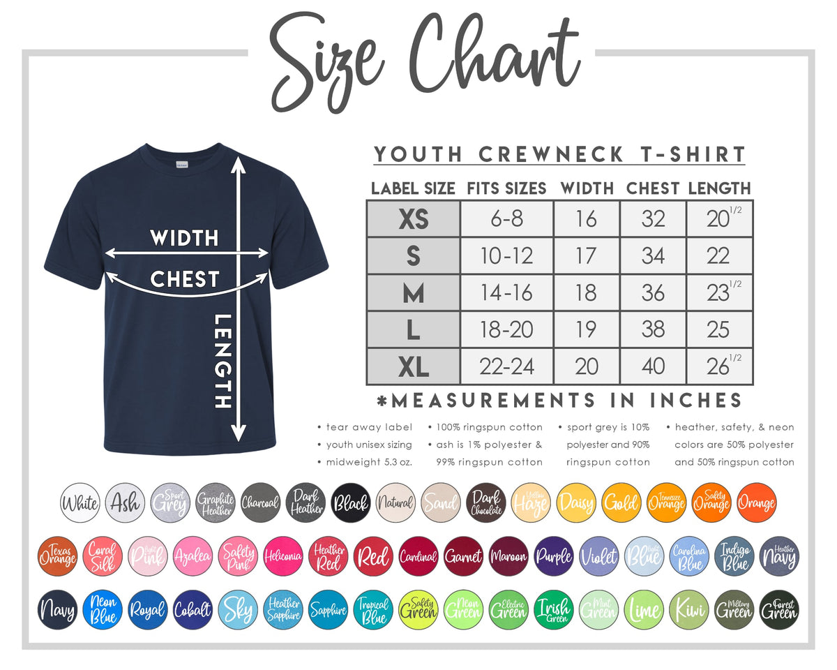 Size chart for youth crewneck t-shirts with a navy t-shirt and color swatches.