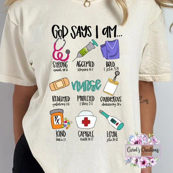 T-shirt with nurse-themed graphics and text on a plain background