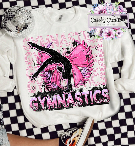 White sweatshirt with pink gymnastics design on a checkered background