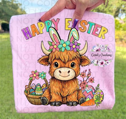 Pink blanket with a cartoon cow wearing bunny ears and holding Easter eggs, with 'Happy Easter' text.