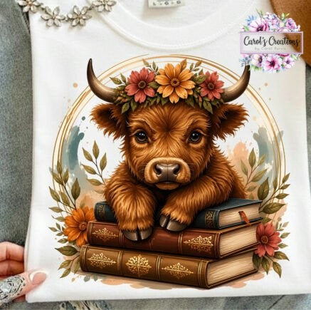 A white short-sleeve T-shirt laid flat, featuring a large printed illustration of a fluffy brown cow with horns, a flower crown, books, and floral details. A hand is holding the shirt at the lower left, and a floral watermark/logo reading Carol's Creations appears in the upper right.