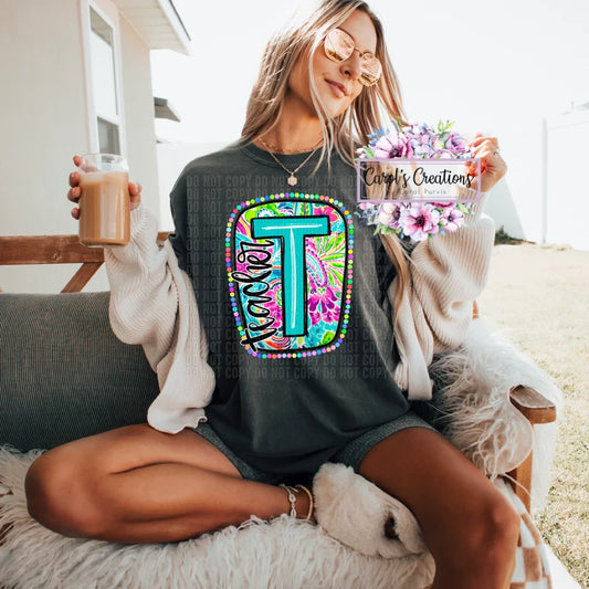 Teacher T Scribble Letter Bright Paisley Floral Background Adult