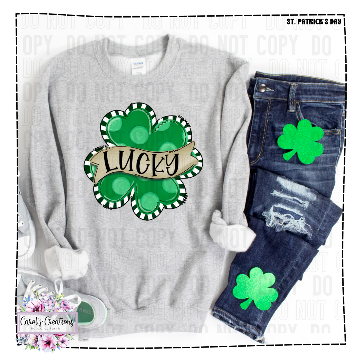 Gray sweatshirt with green shamrock design and 'Lucky' text, paired with jeans and a mug.