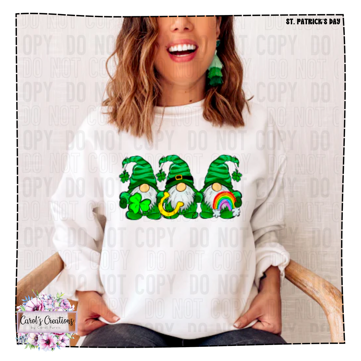 Person wearing a white sweater with St. Patrick's Day-themed gnomes and rainbow design.