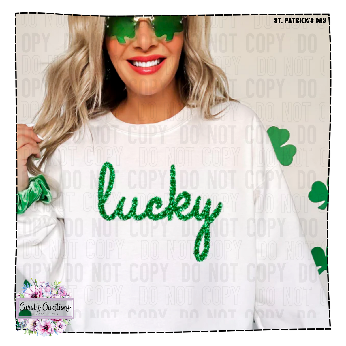 Person wearing a white sweatshirt with 'lucky' in green text, surrounded by shamrock patterns on a light background.