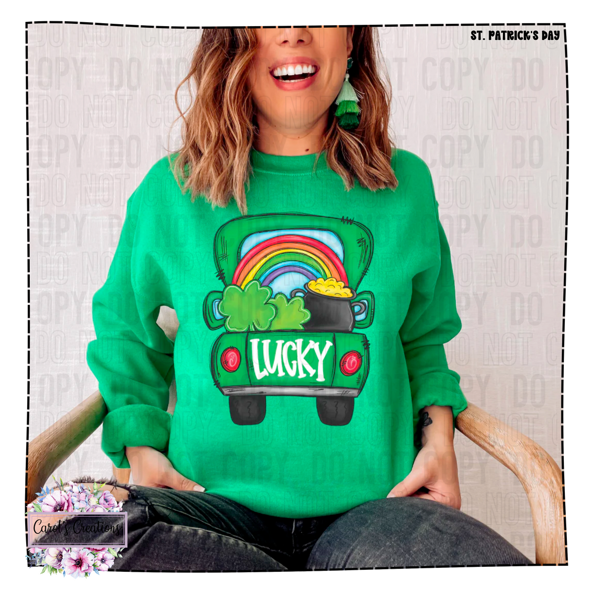 Person wearing a green sweatshirt with a St. Patrick's Day design featuring a rainbow, pot of gold, and the word 'LUCKY'.