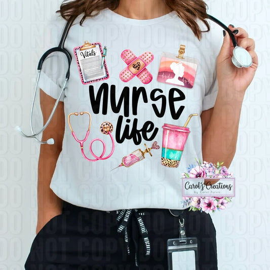 Person wearing a white t-shirt with 'Nurse Life' design and holding a stethoscope.