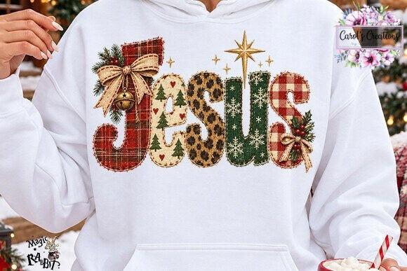 A white pullover hoodie featuring a large 'Jesus' graphic across the chest with holiday-themed patterns including plaid, leopard print, green pine trees, and gold stars. The image is cropped to show the person wearing the hoodie, with hands visible at the sides.