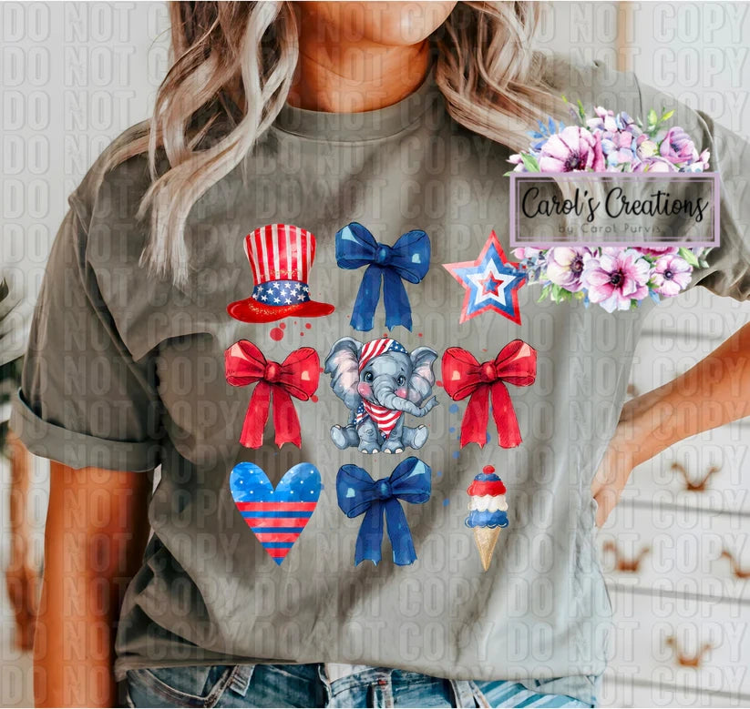 Person wearing a t-shirt with various graphics including bows, an elephant, and ice cream cones.