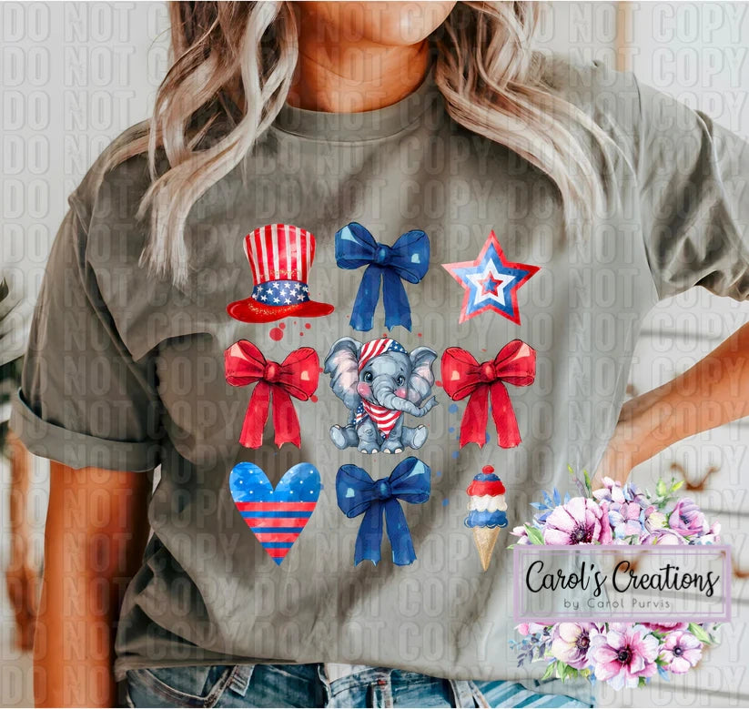 Person wearing a t-shirt with patriotic designs including bows, an elephant, and ice cream cones.
