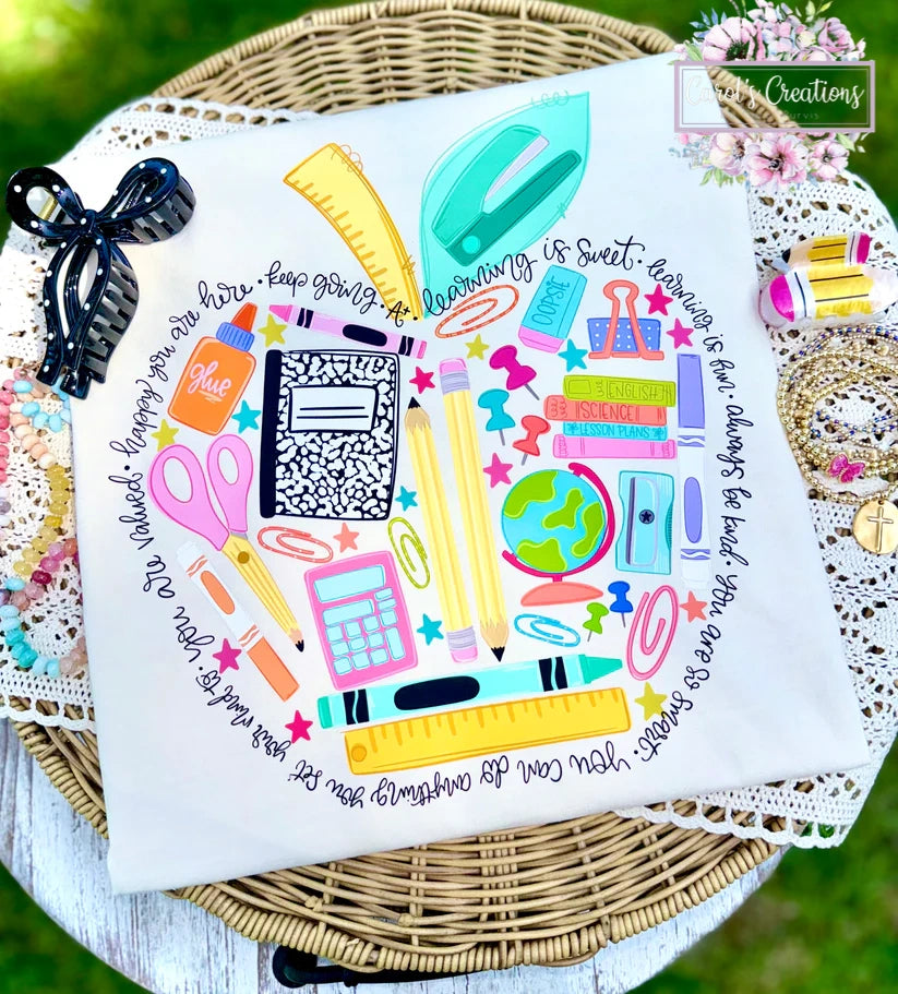 Colorful stationery-themed artwork on a white background with decorative elements.