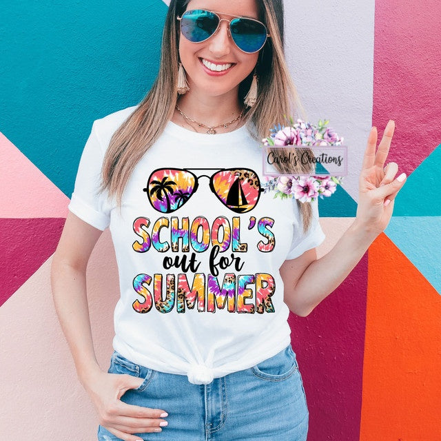 Woman wearing a 'School's out for Summer' t-shirt against a colorful geometric background