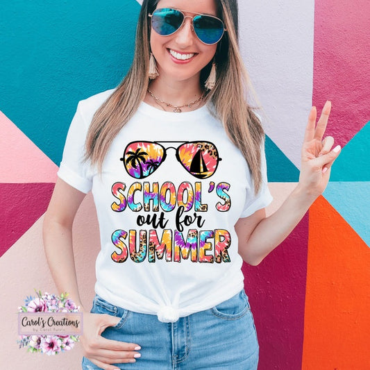 Woman wearing a 'School's out for Summer' t-shirt against a colorful geometric background
