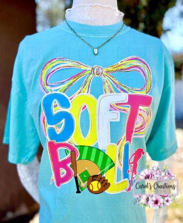 Turquoise t-shirt with colorful 'SOFTBALL' design on a mannequin.