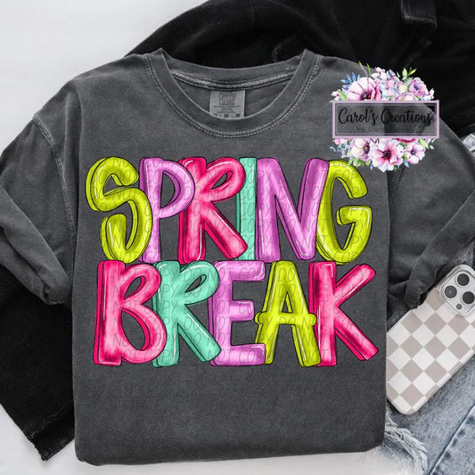 Gray sweatshirt with colorful 'Spring Break' text on a white background