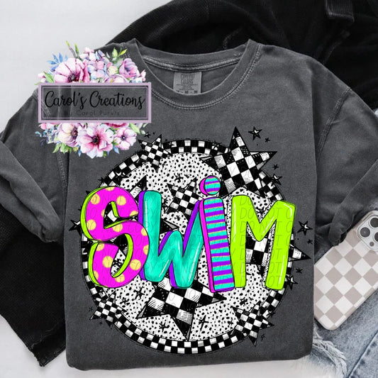 Gray sweatshirt with colorful 'SWIM' design on a light gray background
