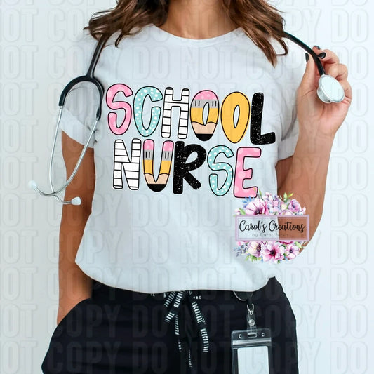 Person wearing a 'School Nurse' t-shirt with a stethoscope, on a white background.