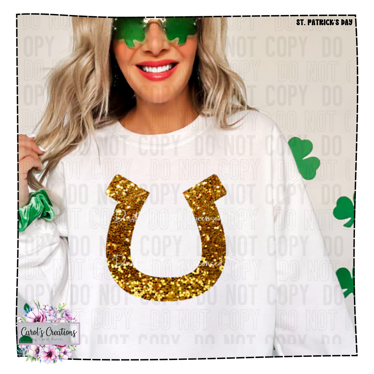 Person wearing a white sweatshirt with a gold glittery horseshoe design, green sunglasses, and a St. Patrick's Day-themed background.