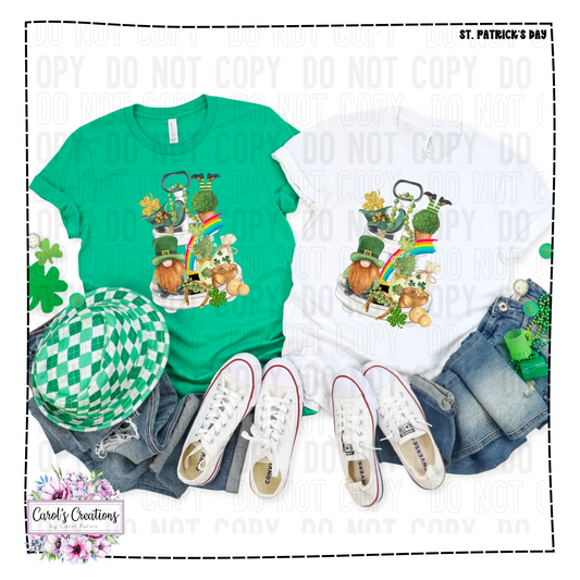 Green t-shirt with St. Patrick's Day design, white sneakers, denim jeans, and a green hat on a white background.
