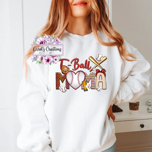 Person wearing a white sweatshirt with 'Baseball Mama' design and 'Carol's Creations' branding.