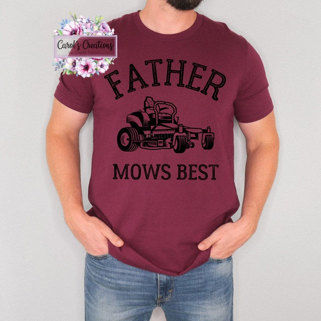 Maroon t-shirt with 'FATHER MOWS BEST' text and graphic on a plain background