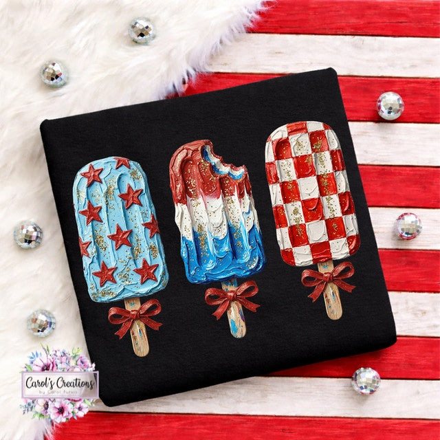Decorative pillow with patriotic popsicles on a wooden surface