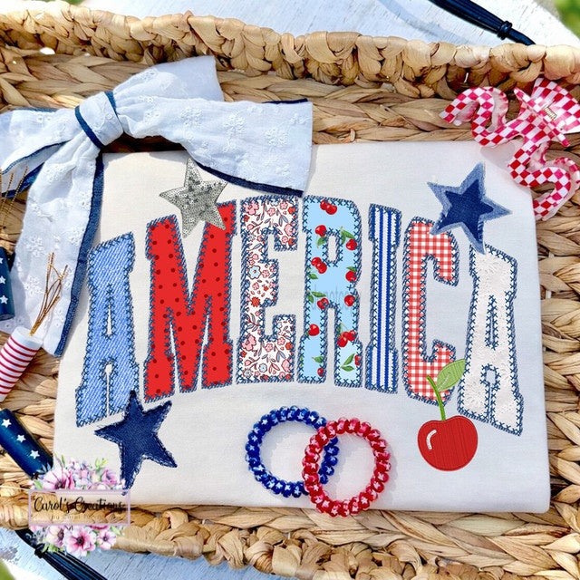 Embroidered fabric with 'MERICA' design on a woven basket