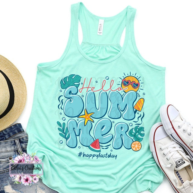 Mint green tank top with 'Hello Summer' text and beach-themed graphics, placed on a white background with a hat and shoes.