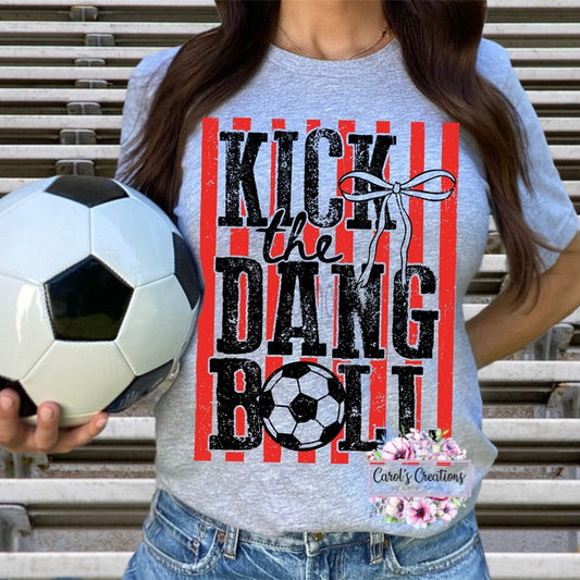 Person wearing a t-shirt with 'Kick the Dang Ball' design holding a soccer ball.
