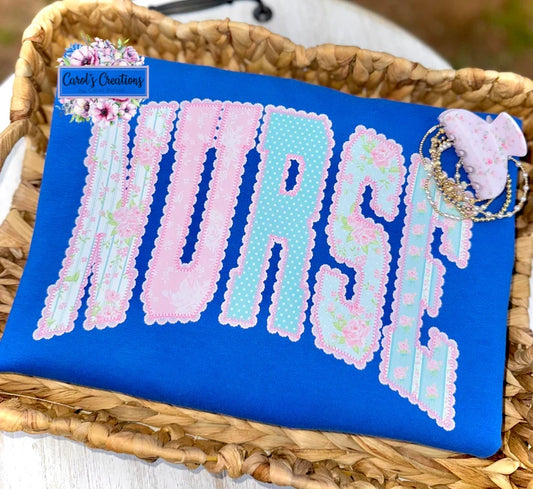 Decorative pillow with 'NURSE' text on a blue background, placed in a woven basket.