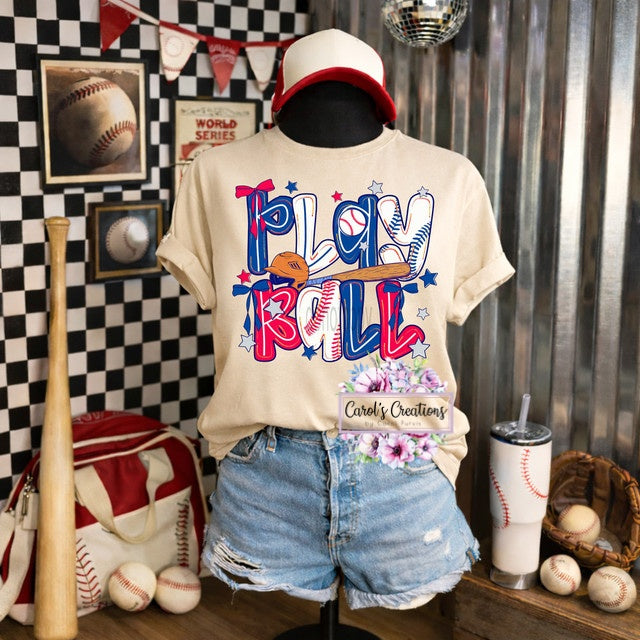Mannequin wearing a 'Play Ball' t-shirt with sports-themed decor in the background