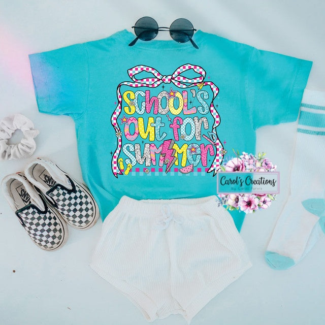 Turquoise t-shirt with 'School's Out for Summer' design, white shorts, checkered shoes, and sunglasses on a light blue background.