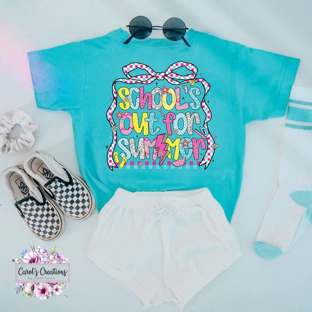 Turquoise t-shirt with 'School's Out for Summer' design, white shorts, checkered sandals, and sunglasses on a light blue background.