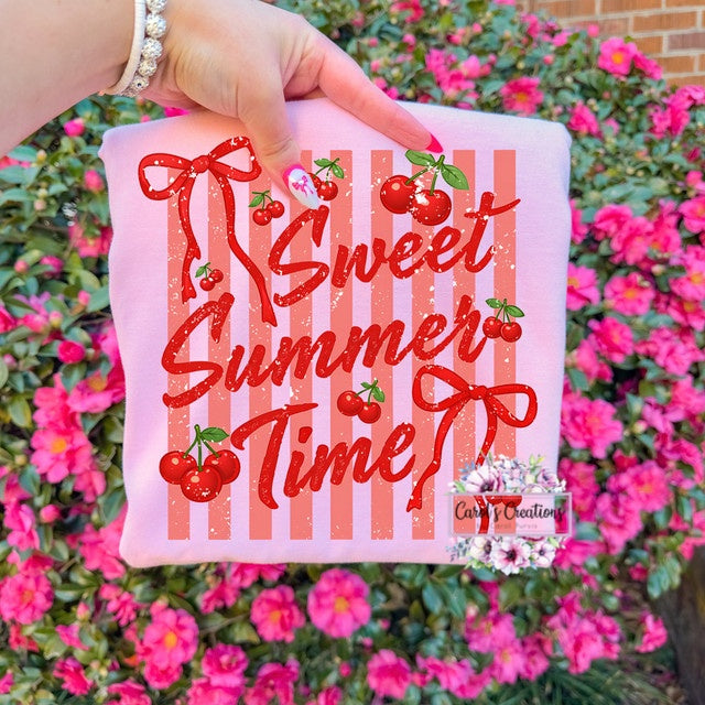 Hand holding a pink card with 'Sweet Summer Time' text and cherries against a floral background