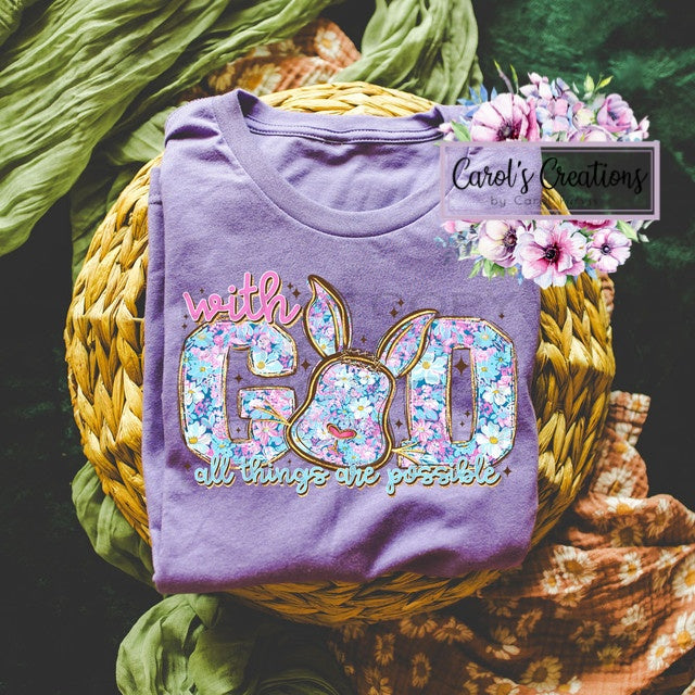 Purple t-shirt with floral text design on a woven basket with flowers and leaves.